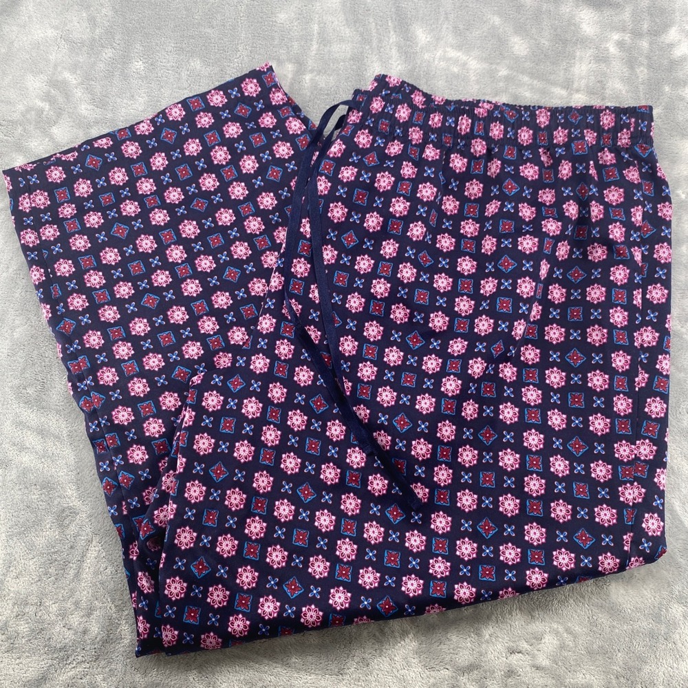 Cacique Pajama Pants Womens 26/28 Navy Pink Floral Medallion Drawstring‎ Lounge